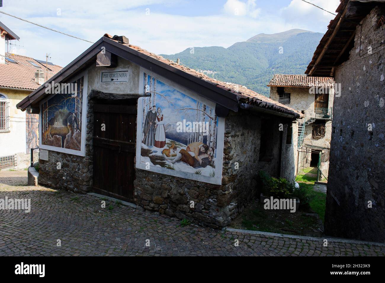 Europe, Italy, Lombardy, province of Lecco. Parlasco, a painted village of the History of Lasco outlaw of Valsassina. 14 artists have created the mura Stock Photo