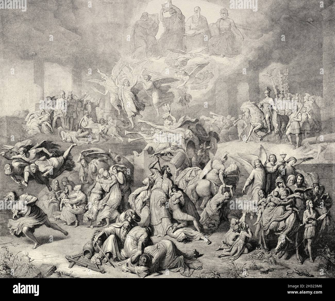 The destruction of Jerusalem. Book Kings, Old Testament, Catholic Bible , painting by Wilhelm von Kaulbach (1805-1874) was a German painter. Old 19th century engraved illustration from La Ilustración Artística 1882 Stock Photo