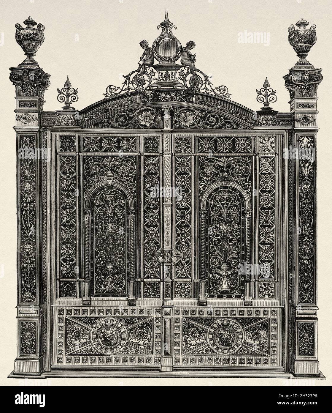 Iron gate to the house of the Austrian architect Otto Koloman Wagner (1841-1918) Old 19th century engraved illustration from La Ilustración Artística 1882 Stock Photo