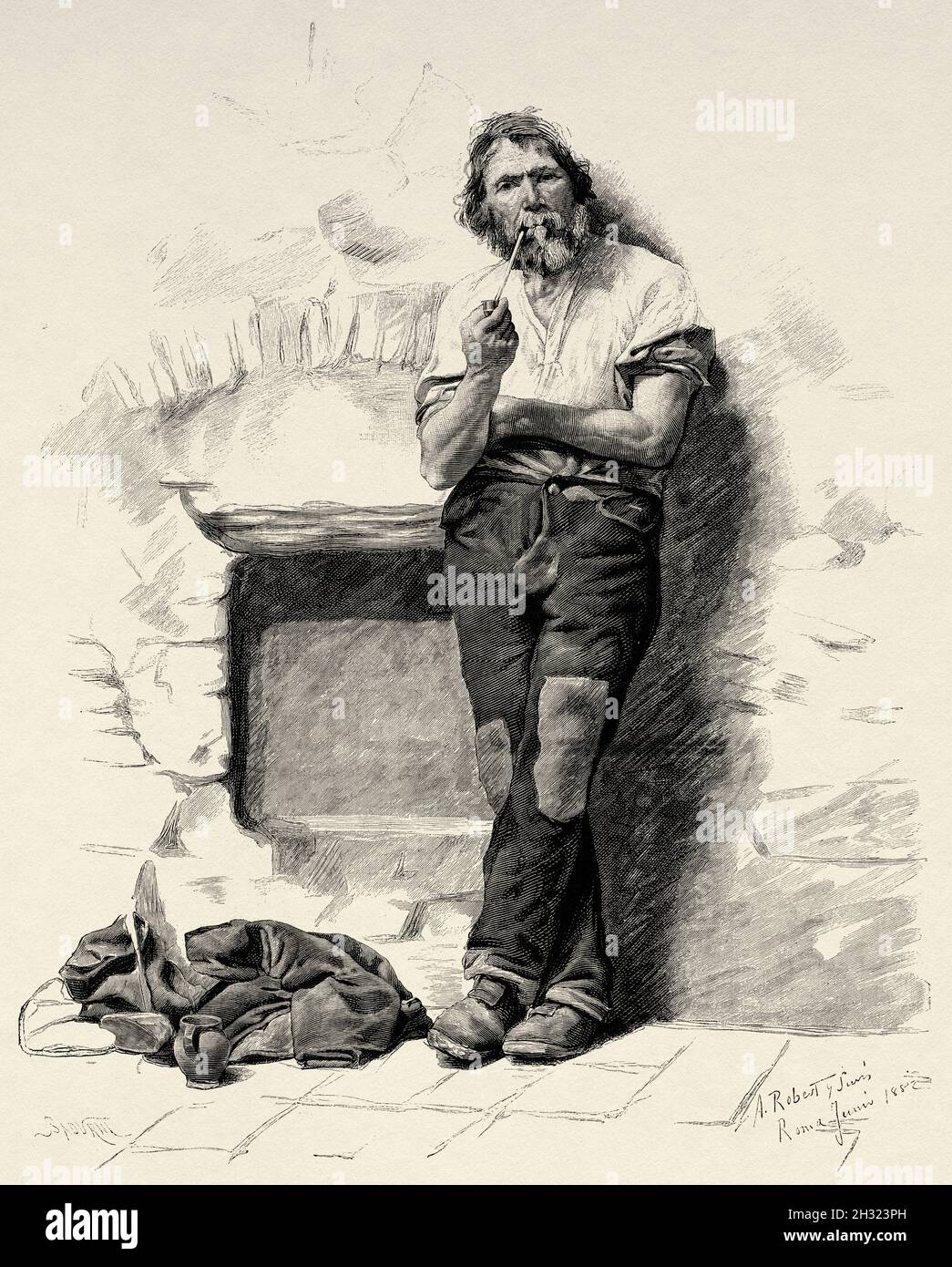 Studio portrait of a man smoking a pipe, painting by Agustí Robert i Suris (1860-1913) was a spanish painter. Old 19th century engraved illustration from La Ilustración Artística 1882 Stock Photo