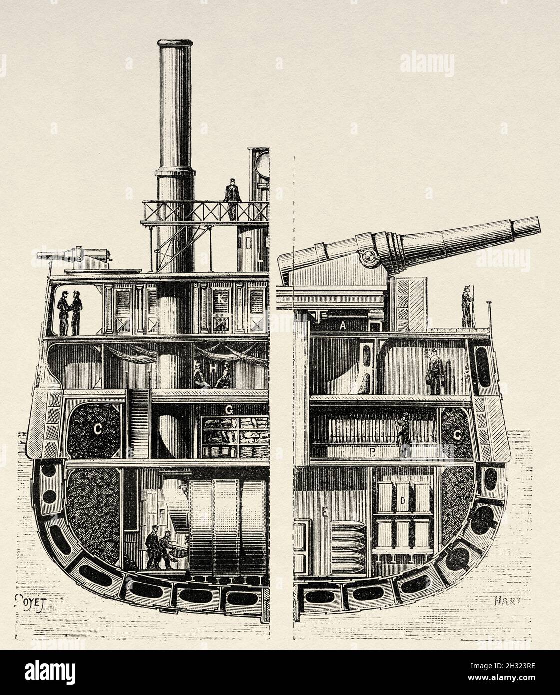 French ironclad Indomptable was an ironclad barbette ship built for the French Navy in the late 1870s and early 1880s. The main armament consisted of two 420 mm guns, France. Europe. Old 19th century engraved illustration from La Nature 1883 Stock Photo