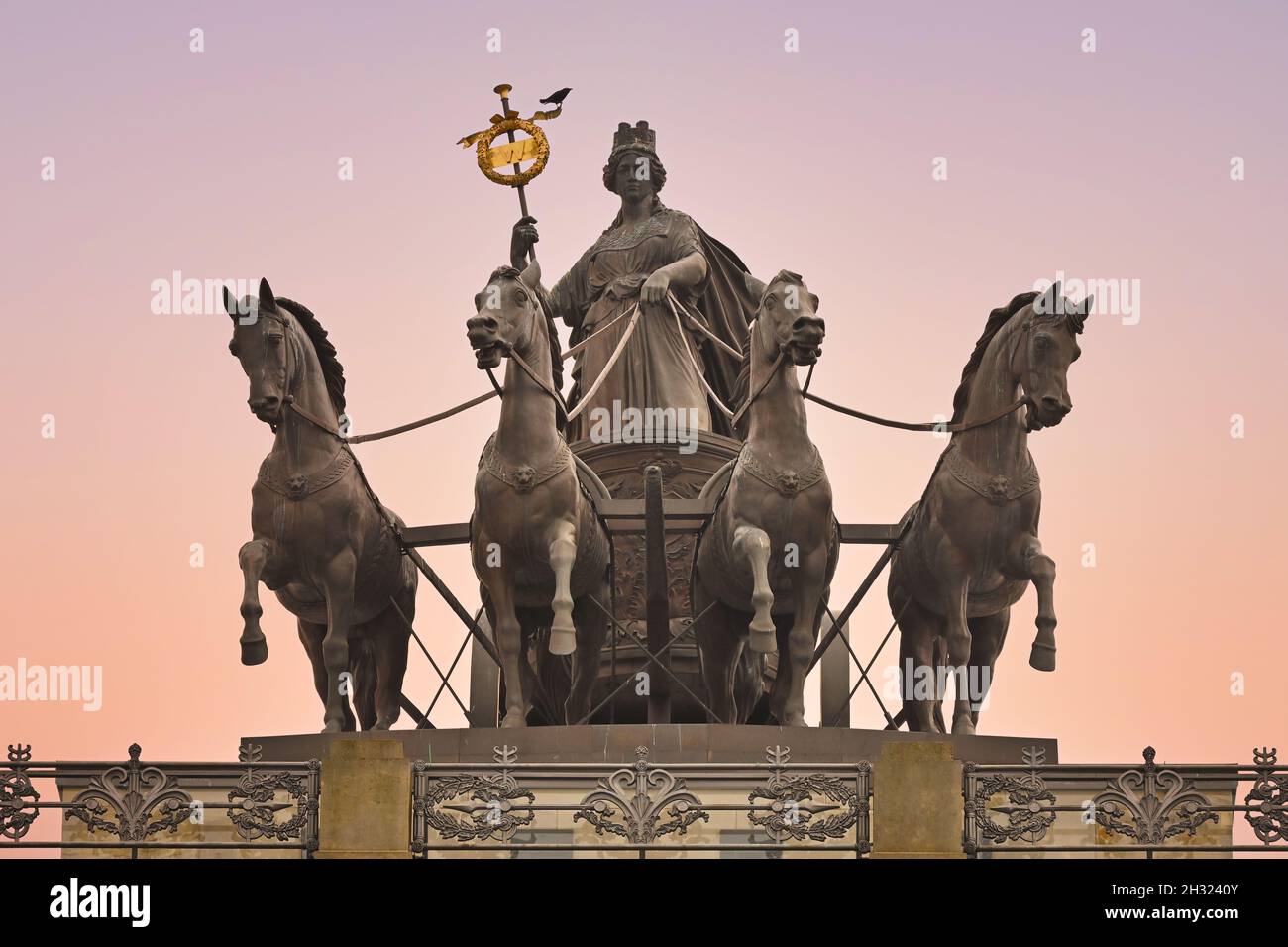 Quadriga. Four-horsed chariot. Statue on the portico of the Ducal Palace, Residence Palace in Braunschweig, Lower Saxony, Germany. Stock Photo