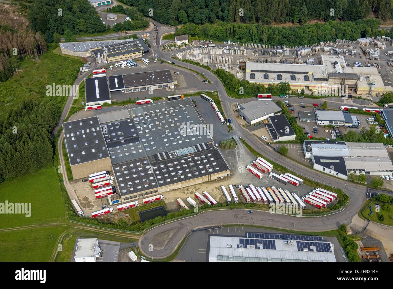 Aerial view, Heuel Logistik Industriestraße, Berding Beton Gelände in Sendschotten, Drolshagen, Sauerland, North Rhine-Westphalia, Germany, DE, Europe Stock Photo
