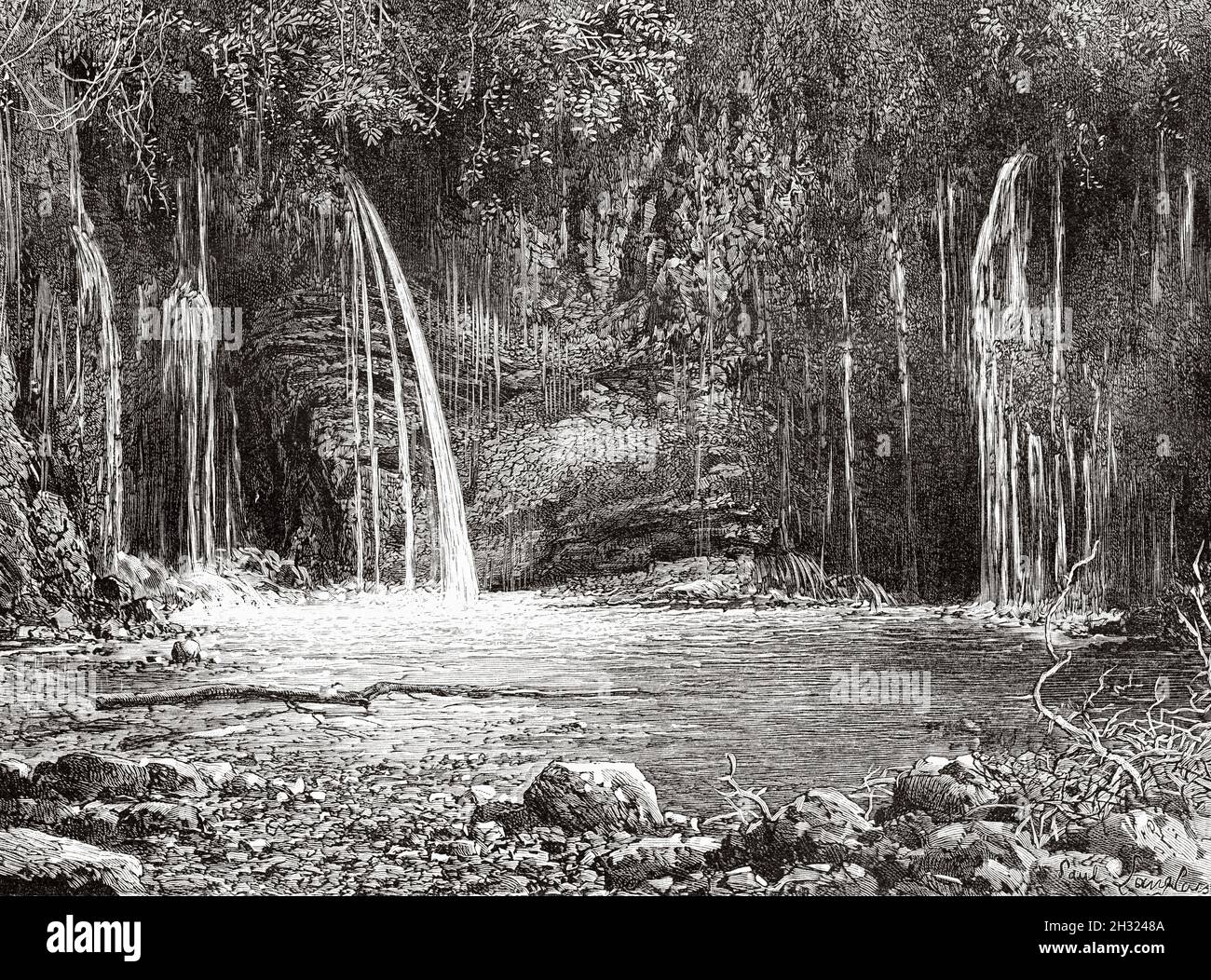 Levada das 25 fontes. 25 fountains waterfall, Madeira Natural Park. Rabacal, Madeira Island, Portugal. Europe. Old 19th century engraved illustration Madeira Island by Marquis Degli Albizzi from Le Tour du Monde 1889 Stock Photo