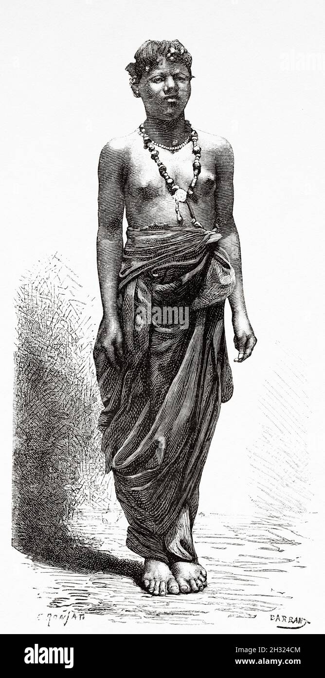 Young Foulah girl, village of Kandenbel. Guinea-Bissau Africa. Old 19th century engraved illustration, Journey through Senegambia and Portuguese Guinea by captain Henri Brossard-Faidherbe (1855-1893) from Le Tour du Monde 1889 Stock Photo