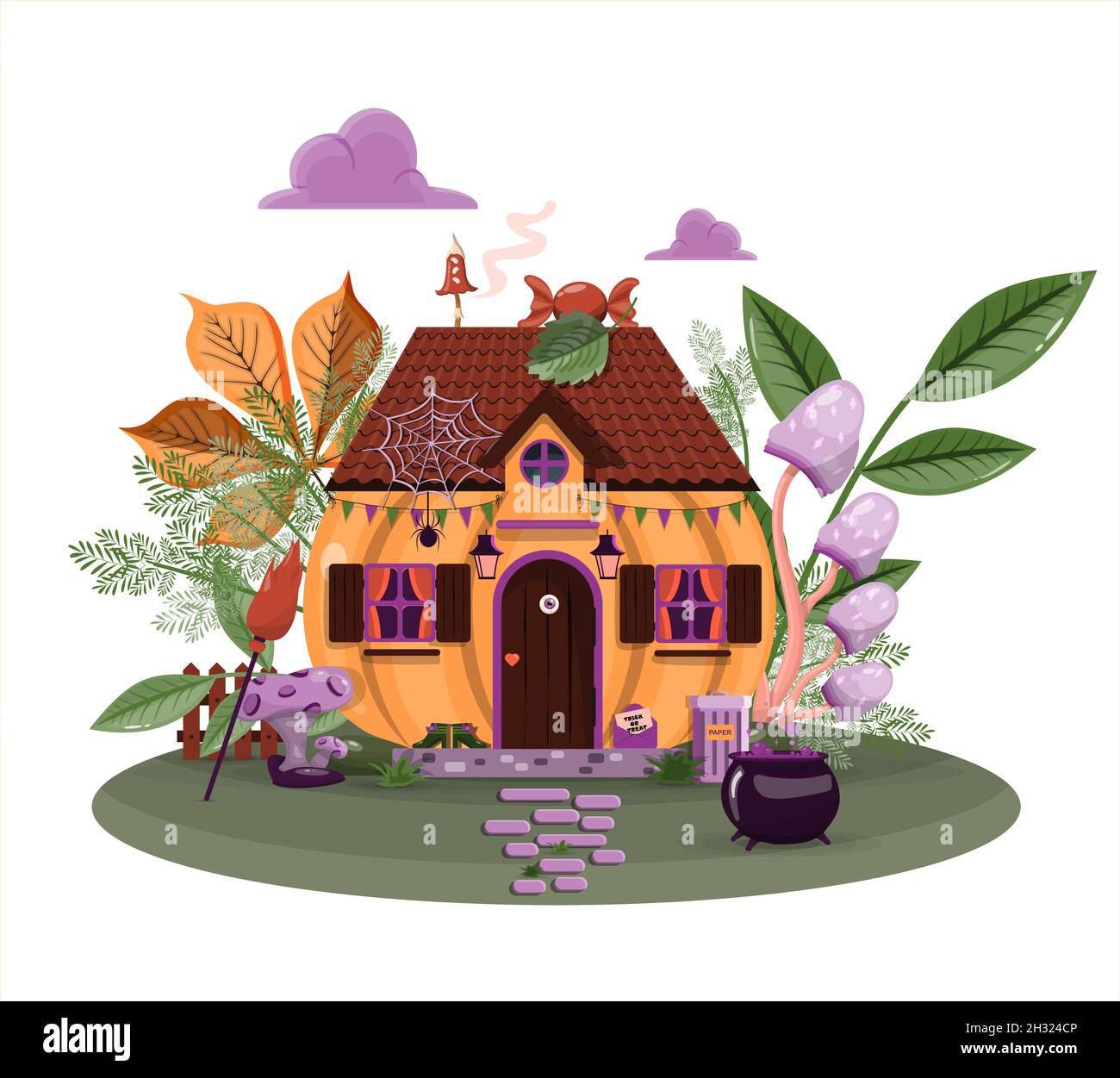 Vector cute pumpkin house for Halloween Cartoon template design for