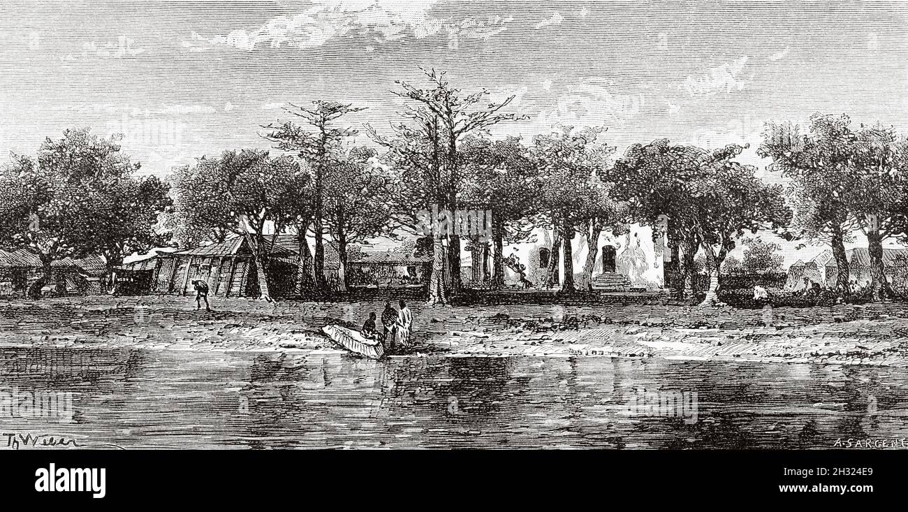Military post at Kaolack. Senegal, Africa. Old 19th century engraved illustration, Journey through Senegambia and Portuguese Guinea by captain Henri Brossard-Faidherbe (1855-1893) from Le Tour du Monde 1889 Stock Photo
