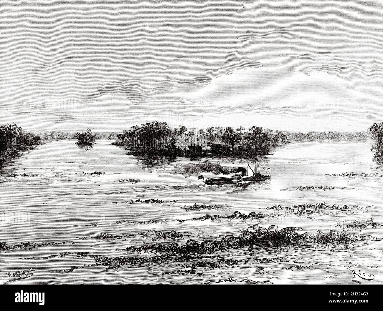 The Paraguay river in front of Formosa. Paraguay, South America. Old 19th century engraved illustration, Expedition to the Pilcomayo Delta by French explorer Emile Arthur Thouar from Le Tour du Monde 1889 Stock Photo