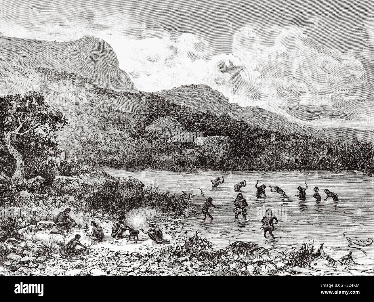 Native Indians fishing in the river. Bolivia, South America. Old 19th ...
