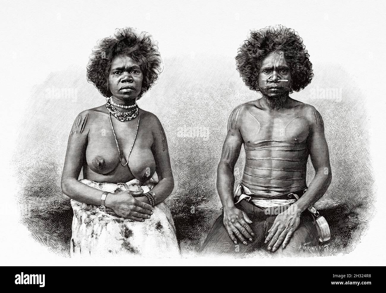 Indigenous Australian aborigines. Queensland, Australia. Old 19th century engraved illustration, Journey to Northeast Australia by Carl Lumholtz 1880-1884 from Le Tour du Monde 1889 Stock Photo