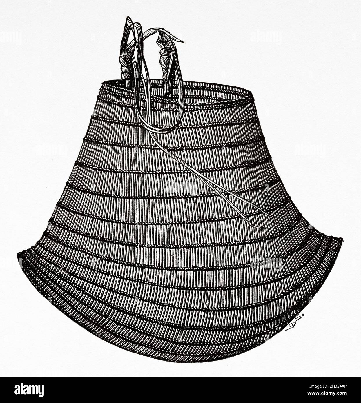 Typical traditional aboriginal basket of Herbert River. Queensland, Australia. Old 19th century engraved illustration, Journey to Northeast Australia by Carl Lumholtz 1880-1884 from Le Tour du Monde 1889 Stock Photo