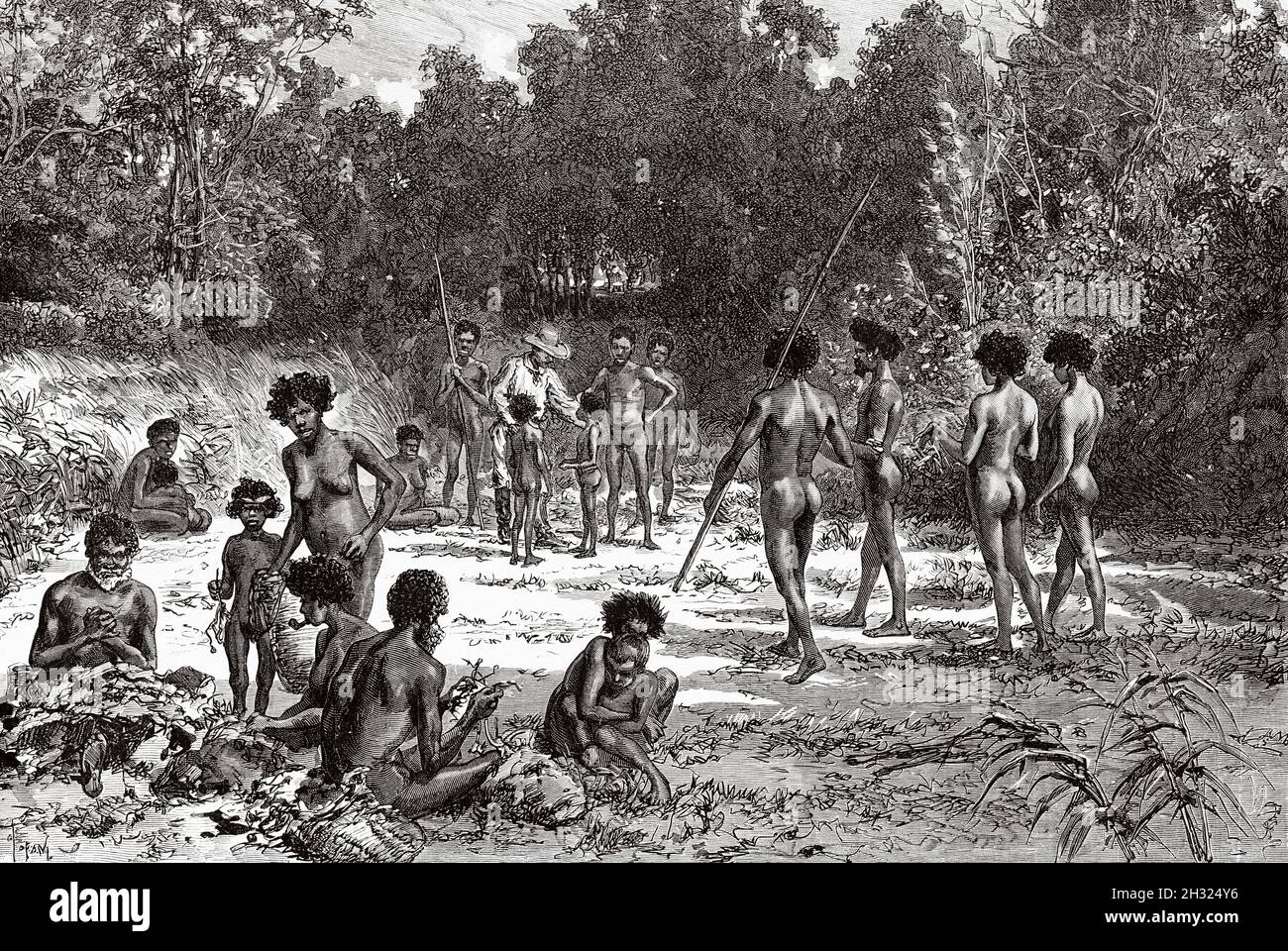 Camp of a wild indigenous tribe. Queensland, Australia. Old 19th century engraved illustration, Journey to Northeast Australia by Carl Lumholtz 1880-1884 from Le Tour du Monde 1889 Stock Photo