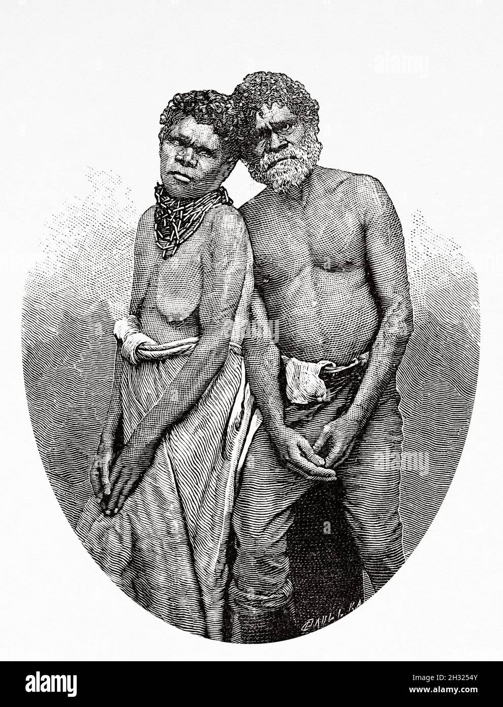 Townsville Native Australian Indian man and woman. Queensland, Australia. Old 19th century engraved illustration, Journey to Northeast Australia by Carl Lumholtz 1880-1884 from Le Tour du Monde 1889 Stock Photo