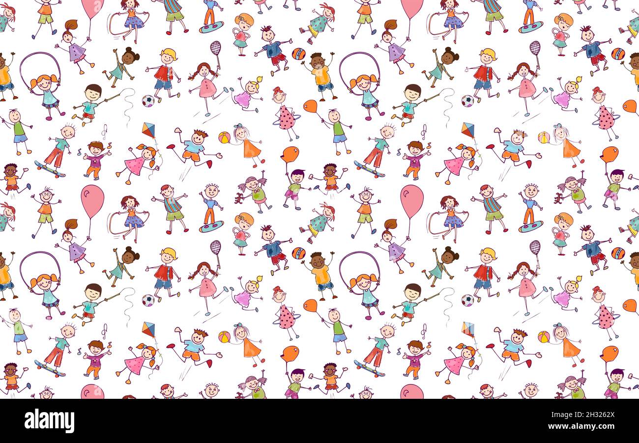 Seamless pattern active and joyful multicultural cute funny kids drawn in doodle style playing and jumping. Hand draw sketch Multiethnic kids. Nursery Stock Photo