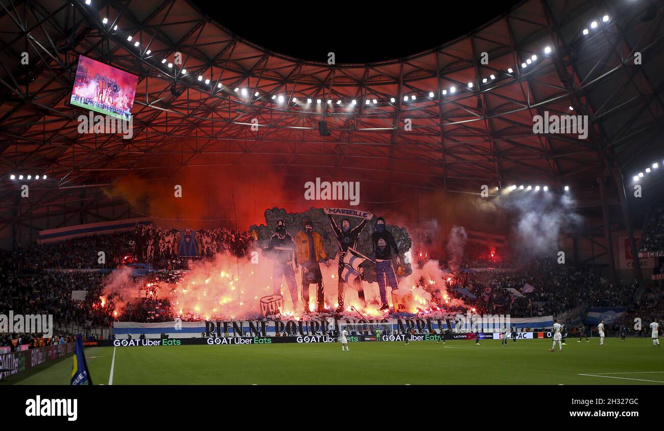 Tifo with flare, smoke during the French championship Ligue 1 football match between Olympique de Marseille (OM) and Paris Saint-Germain (PSG) on October 24, 2021 at Stade Velodrome in Marseille, France - Photo: Jean Catuffe/DPPI/LiveMedia Stock Photo