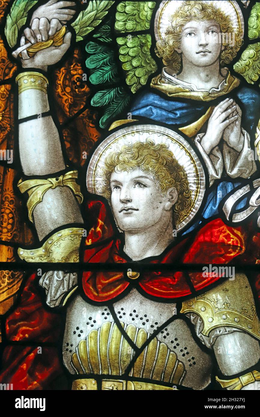 Detail of a stained glass window by Percy Bacon depicting Valour, St Peter's Church, Dunchurch, Warwickshire Stock Photo