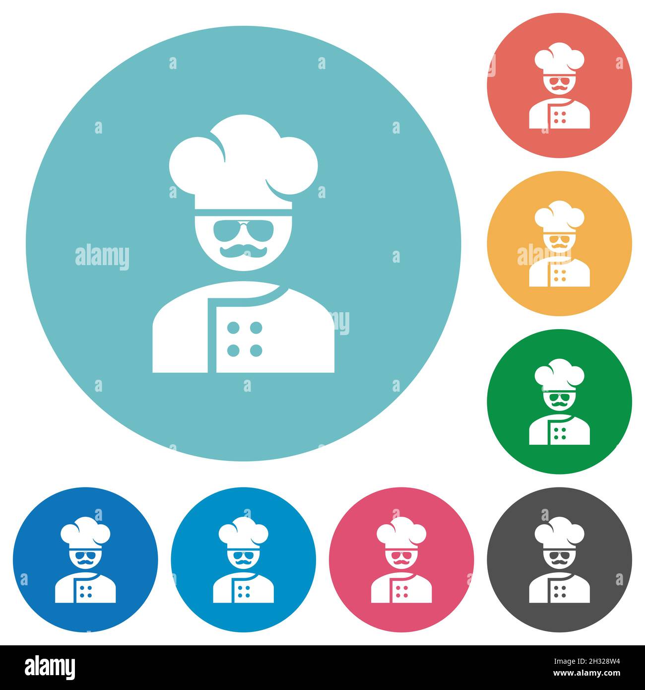 master chef with glasses and mustache flat white icons on round color backgrounds Stock Vector