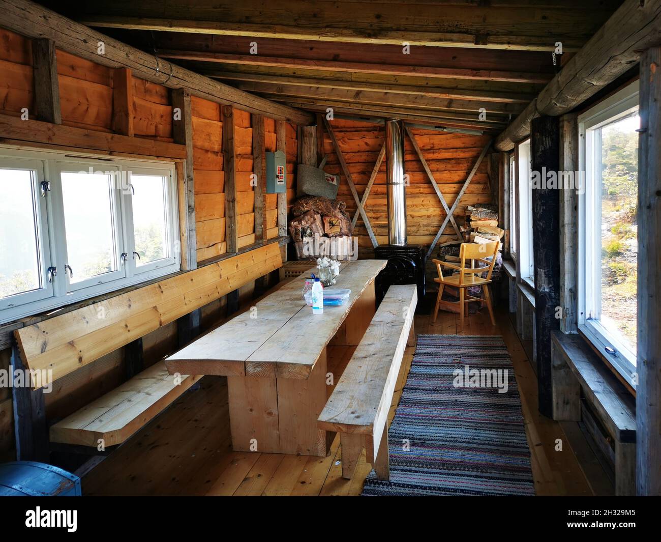 SAMNANGER, NORWAY - Sep 01, 2021: the inside of the cabin Dyre on Totlandsfjellet Stock Photo