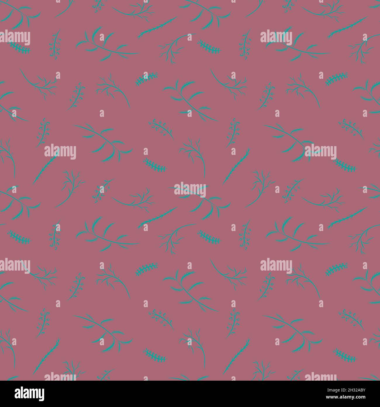 Ditsy floral seamless pattern. Sea turtle green plants on Pinkish red pastel background. Stock Vector