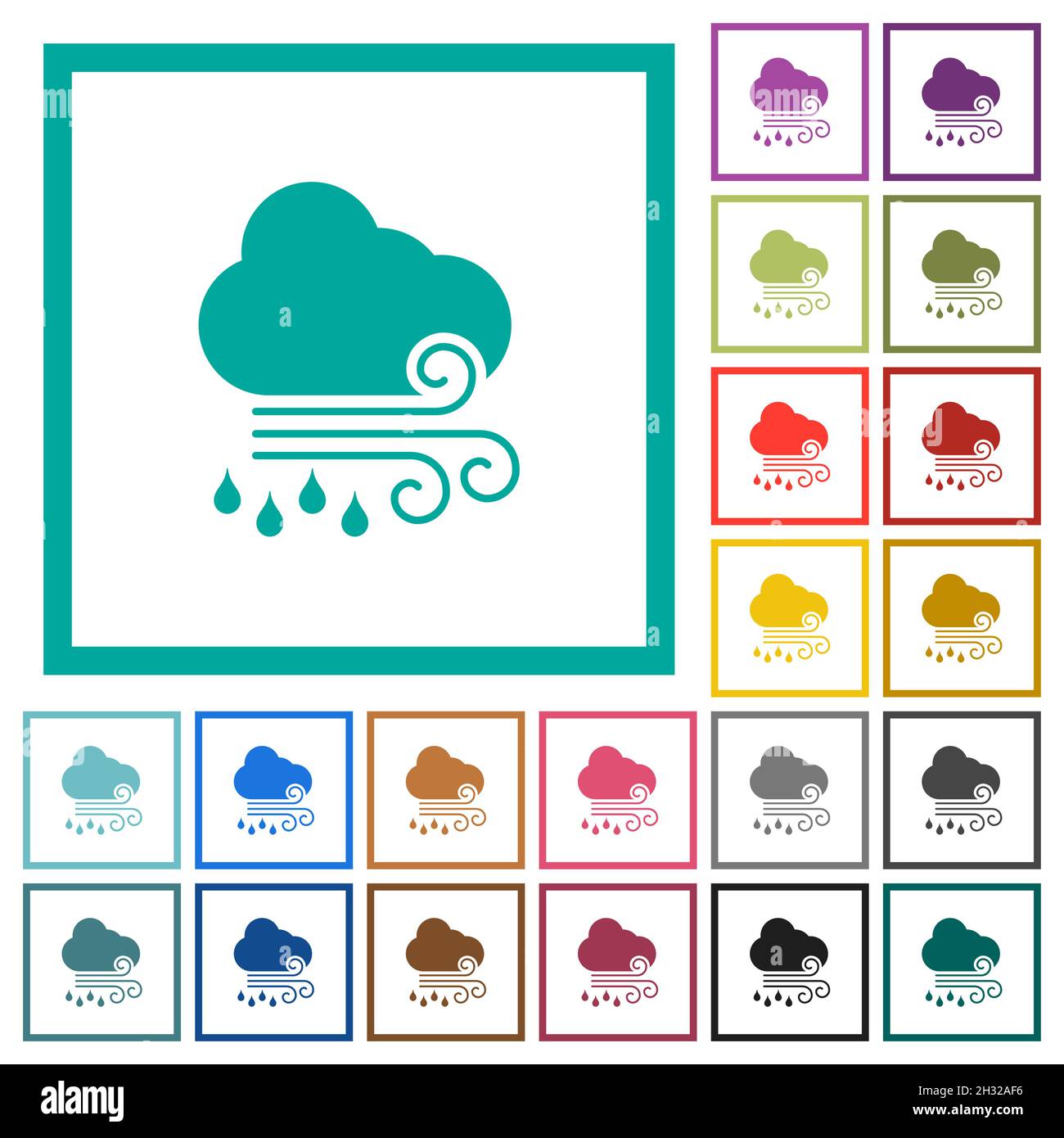 Windy and rainy weather flat color icons with quadrant frames on white ...