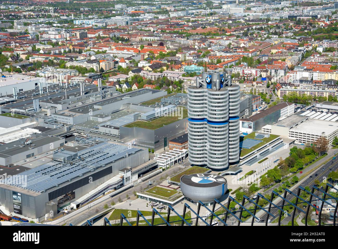 Munich, Germany April 30 2016. BMW building museum located near the Olympiapark. Aerial views of the sorounding area Stock Photo