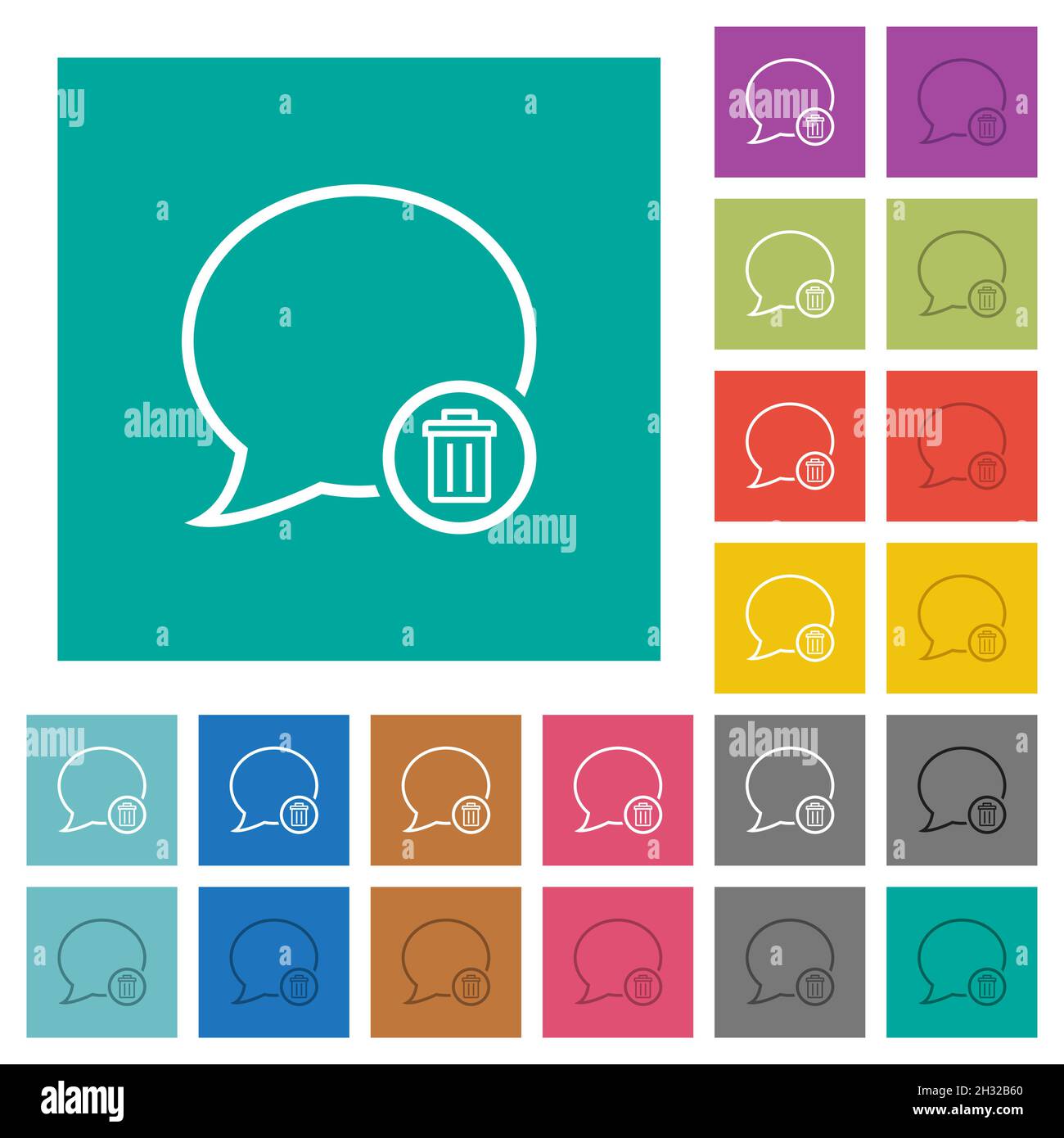Delete message multi colored flat icons on plain square backgrounds. Included white and darker icon variations for hover or active effects. Stock Vector