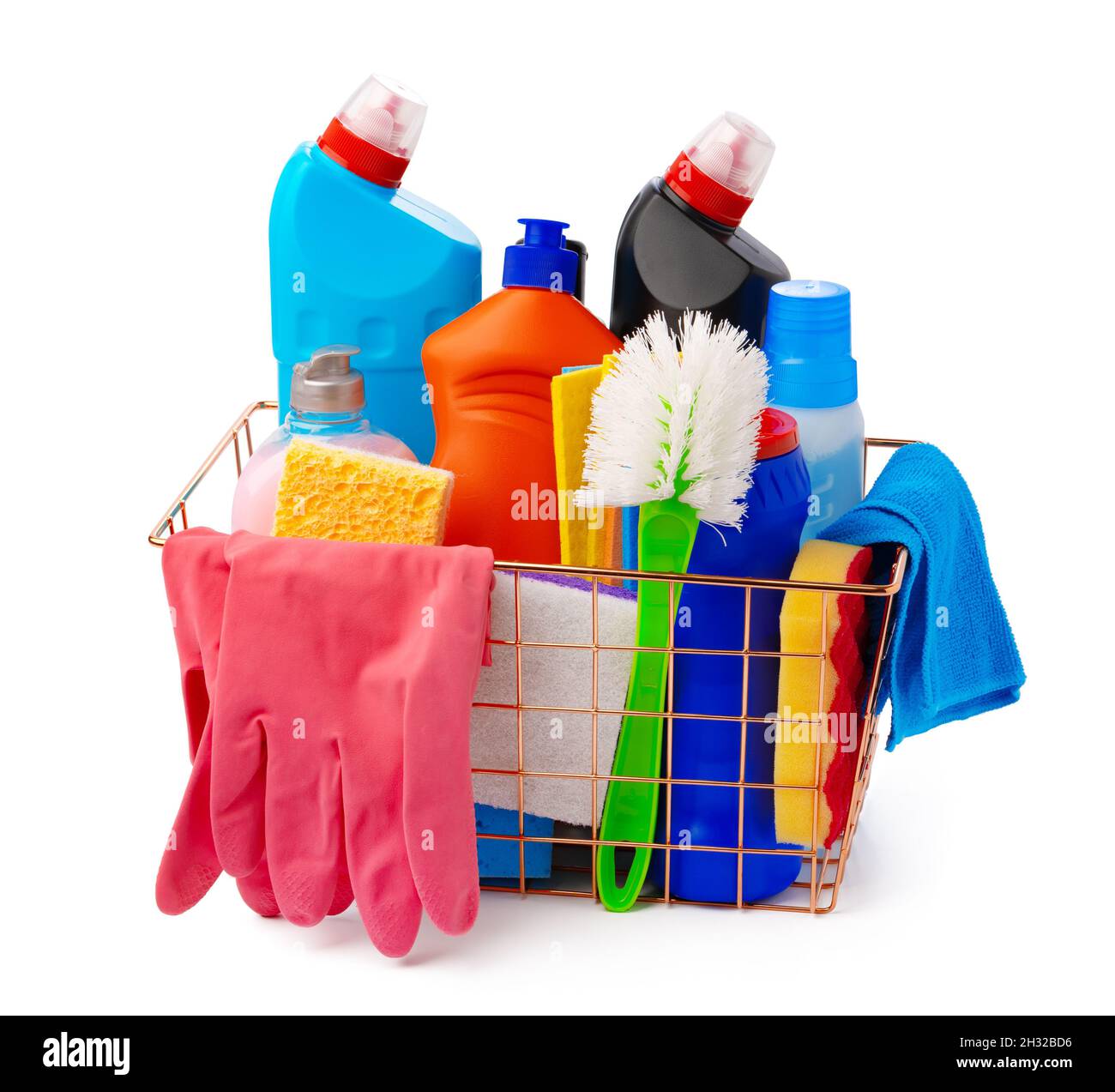 Cleaning items in basket isolated on white background Stock Photo