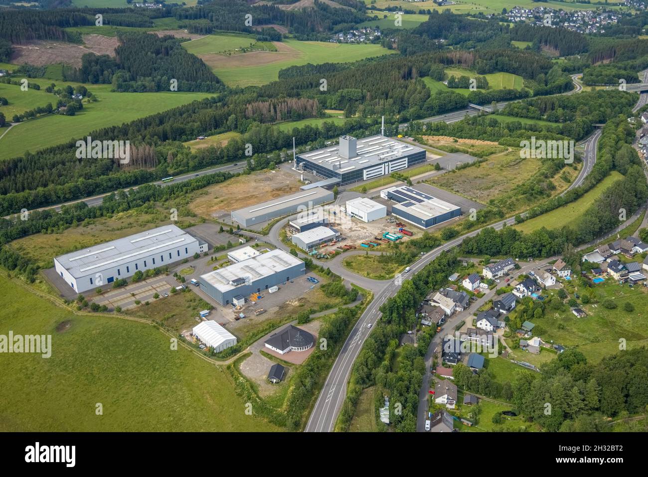 Aerial photograph, Buchholz industrial estate, Ohm und Häner Metallwerk, Theile Metallverarbeitung, Püttmann GmbH, Germinghausen, Drolshagen, Sauerlan Stock Photo