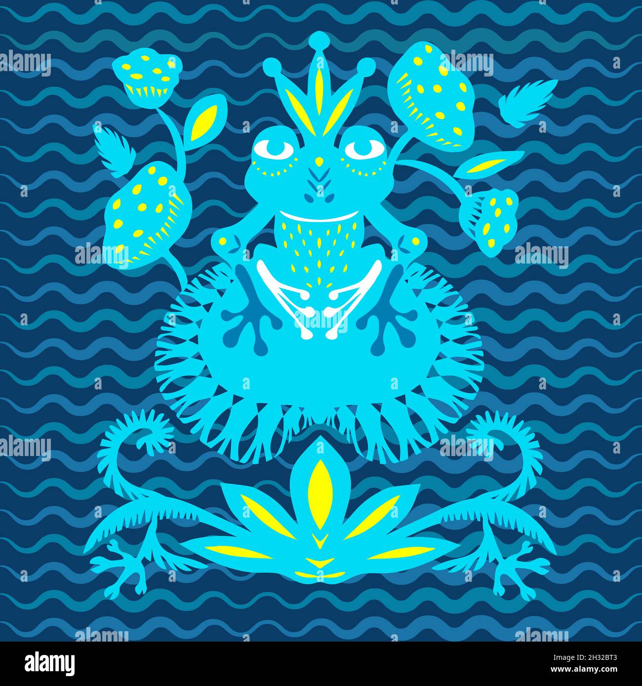 Yellow blue frog with crown on a pond with lilies and leaves. Decor pattern. Paper cut flat style. Fabric decoration. Print for clothes. Textile Stock Vector