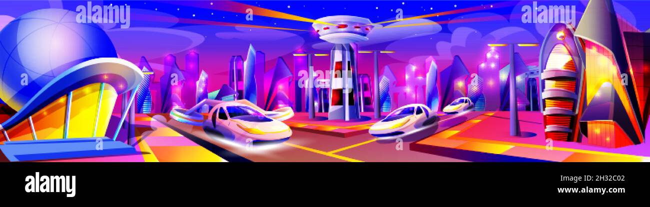 Future night city with neon glowing lights. Futuristic cityscape in violet colors. Modern buildings and flying cars unusual shapes. Alien urban architecture skyscrapers cartoon vector illustration. Stock Vector