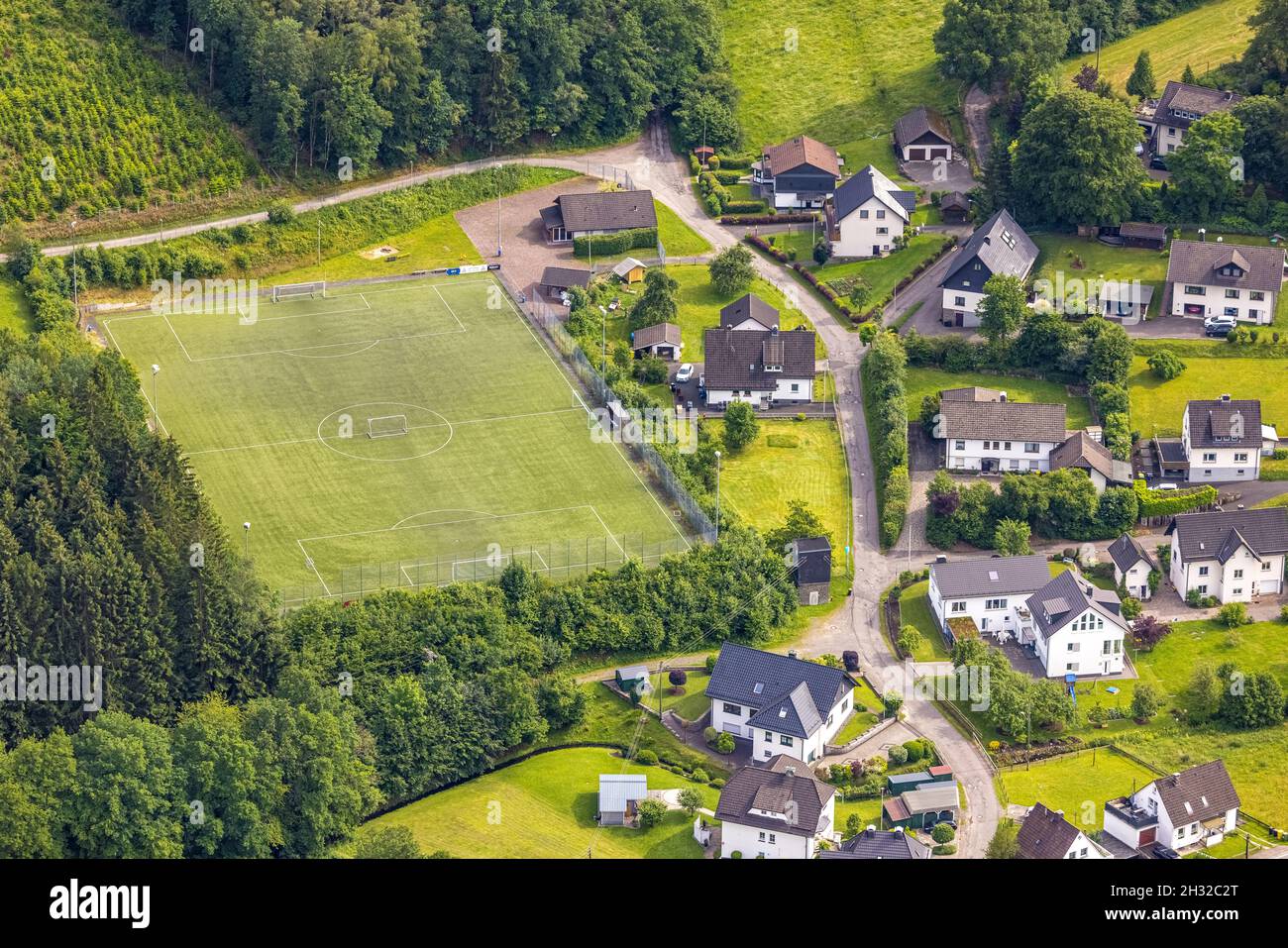 Aerial view, sports field in Schreibershof, Drolshagen, Sauerland, North Rhine-Westphalia, Germany, DE, Europe, football field, property tax, hilly la Stock Photo