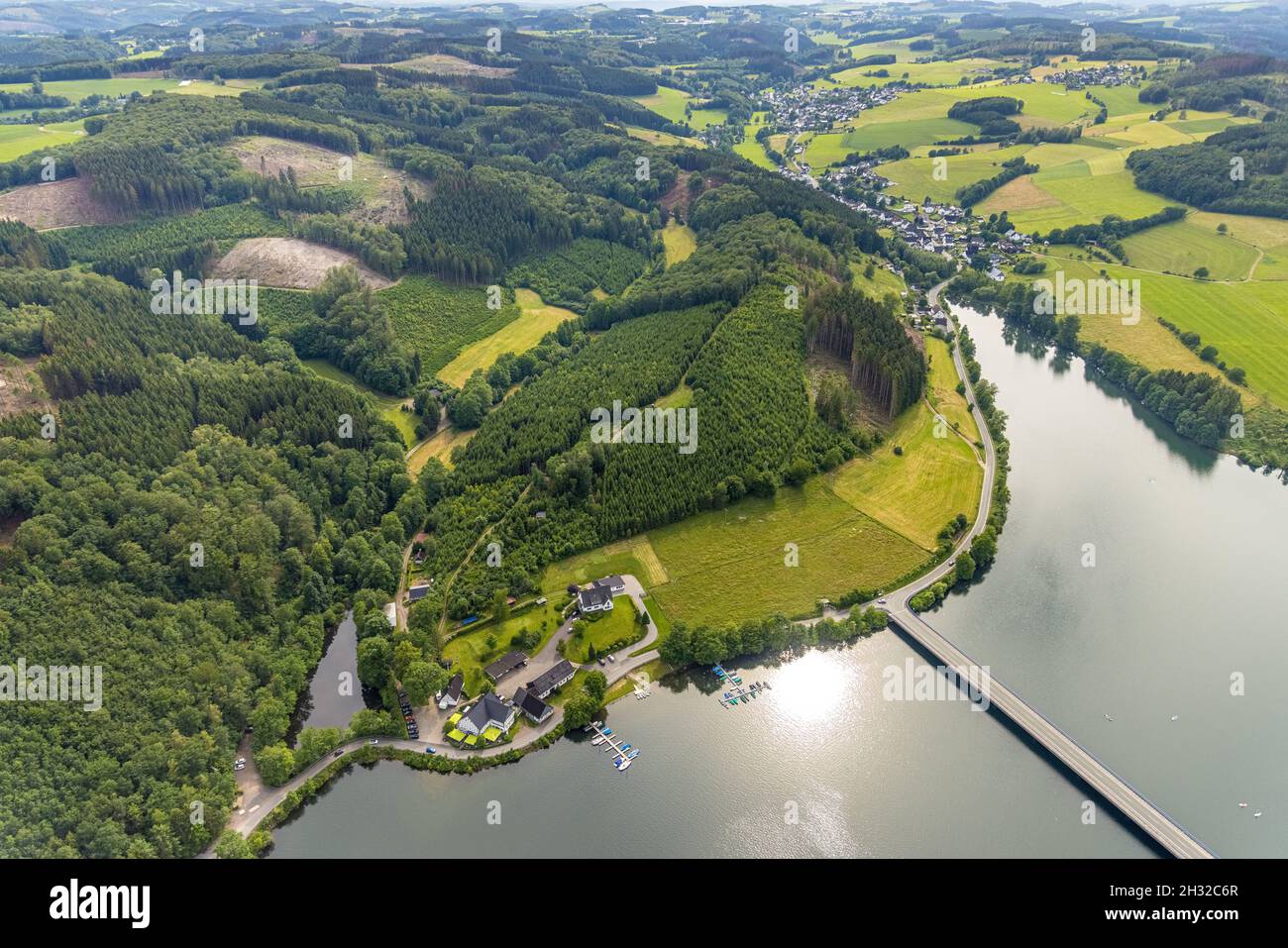 Aerial view, Lister dam, Café Restaurant Gut Kalberschnacke, forest damage in forest area, Herpel, Drolshagen, Sauerland, North Rhine-Westphalia, Germ Stock Photo