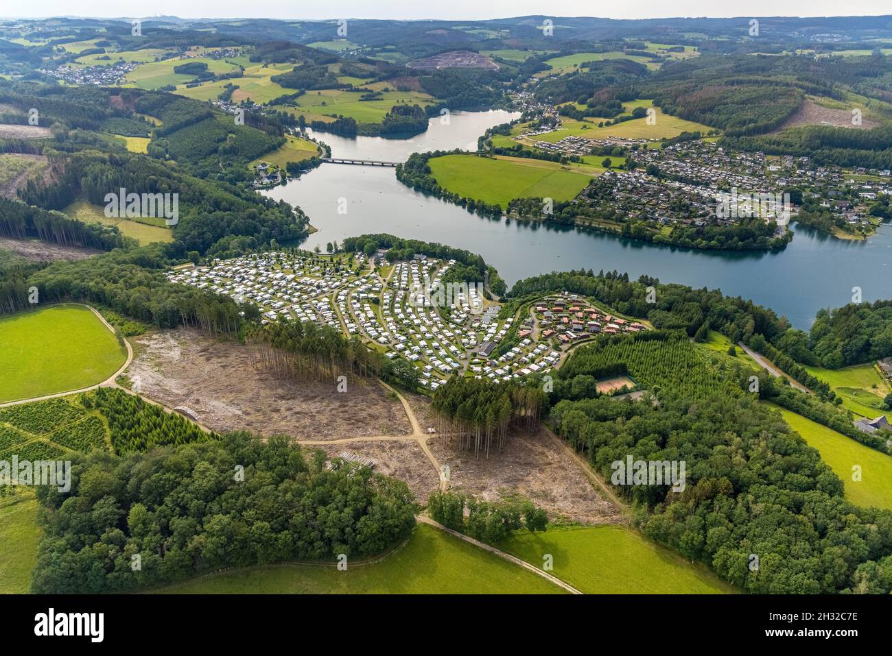 Aerial view, Lister dam, Camping Gut Kalberschnacke, Waldschaden, Herpel, Drolshagen, Sauerland, North Rhine-Westphalia, Germany, camping, camping sit Stock Photo
