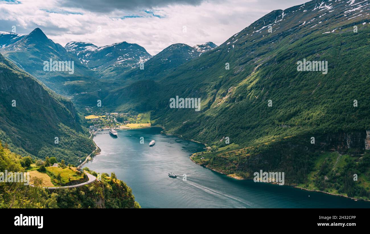 Geirangerfjord, Norway. Touristic Ship Ferry Boat Cruise Ship Liner ...