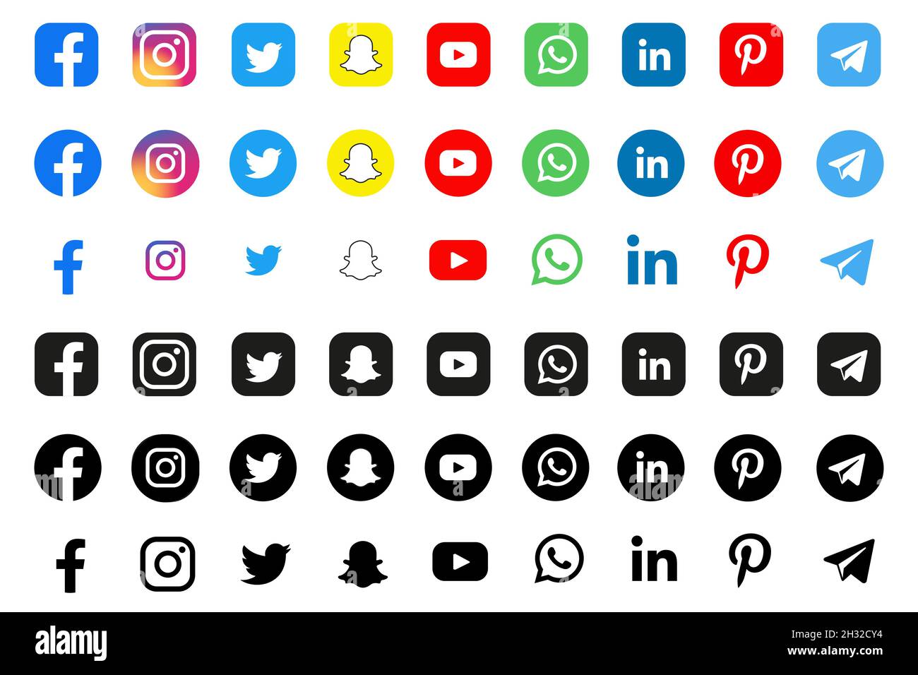 Facebook, twitter, instagram, youtube, snapchat, pinterest, whatsap, linkedin, periscope, vimeo - Collection of popular social media logo.  Stock Vector