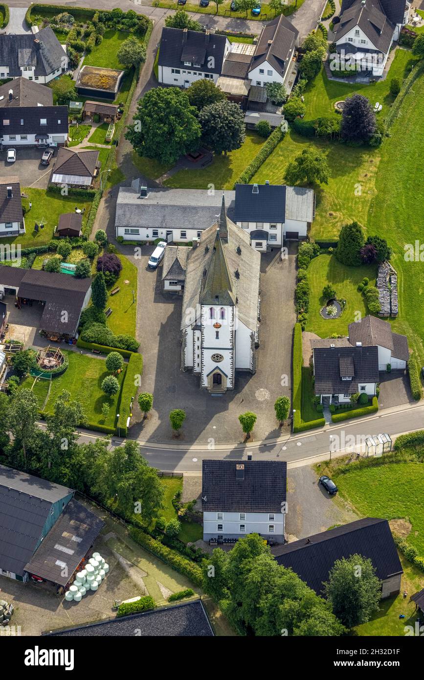 Aerial view, catholic church St. Antonius Einsiedler, Iseringhausen, Drolshagen, Sauerland, North Rhine-Westphalia, Germany, place of worship, DE, mon Stock Photo