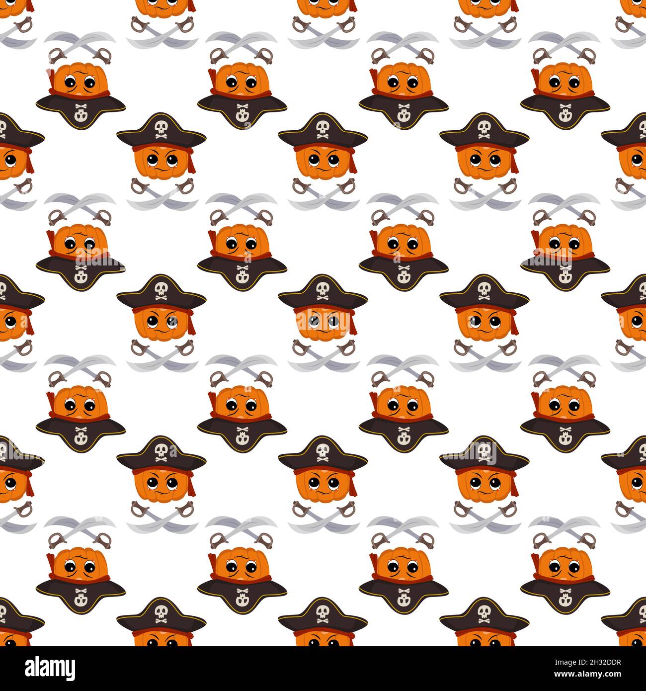 Seamless pattern with pumpkin character with emotions and face in captain cocked hat and crossed sabers. Halloween party decoration print Stock Vector