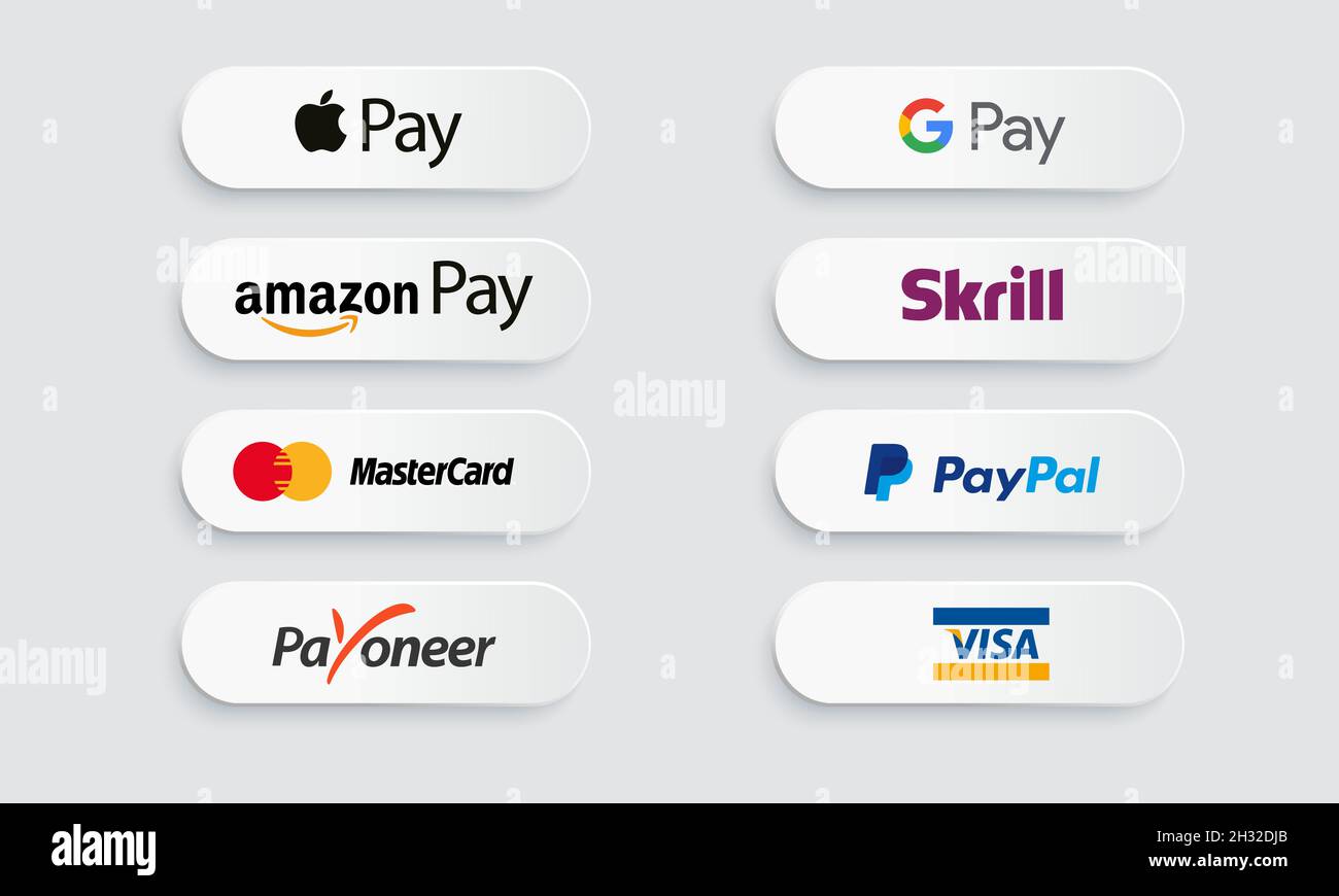 Google pay, App store app pay, - popular realistic payment logotype. Payment icon set. Editorial vector illustration. Stock Vector
