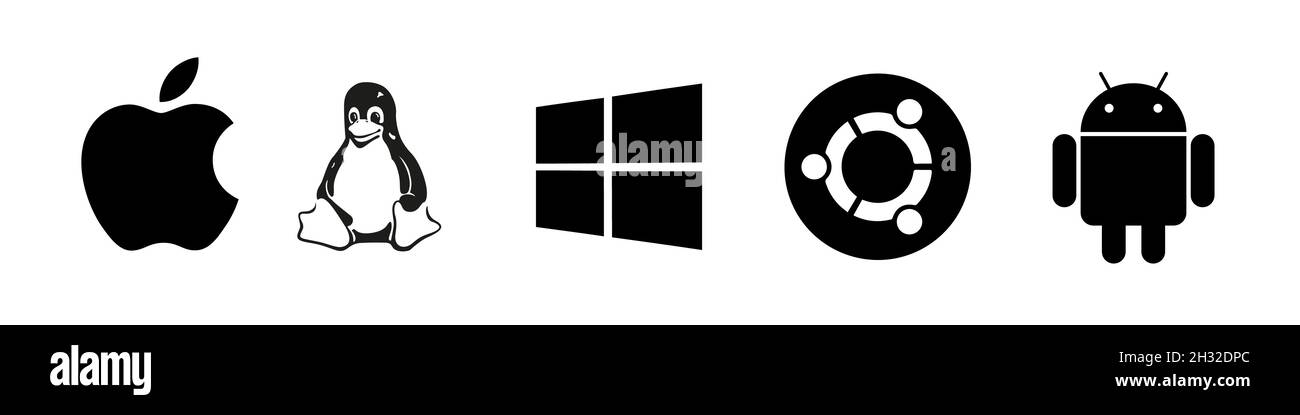 OS black logo set : Windows, Mac OS, Android, Apple IOS, Linux. Modile desktop logos on transporent background for you design.  Stock Vector