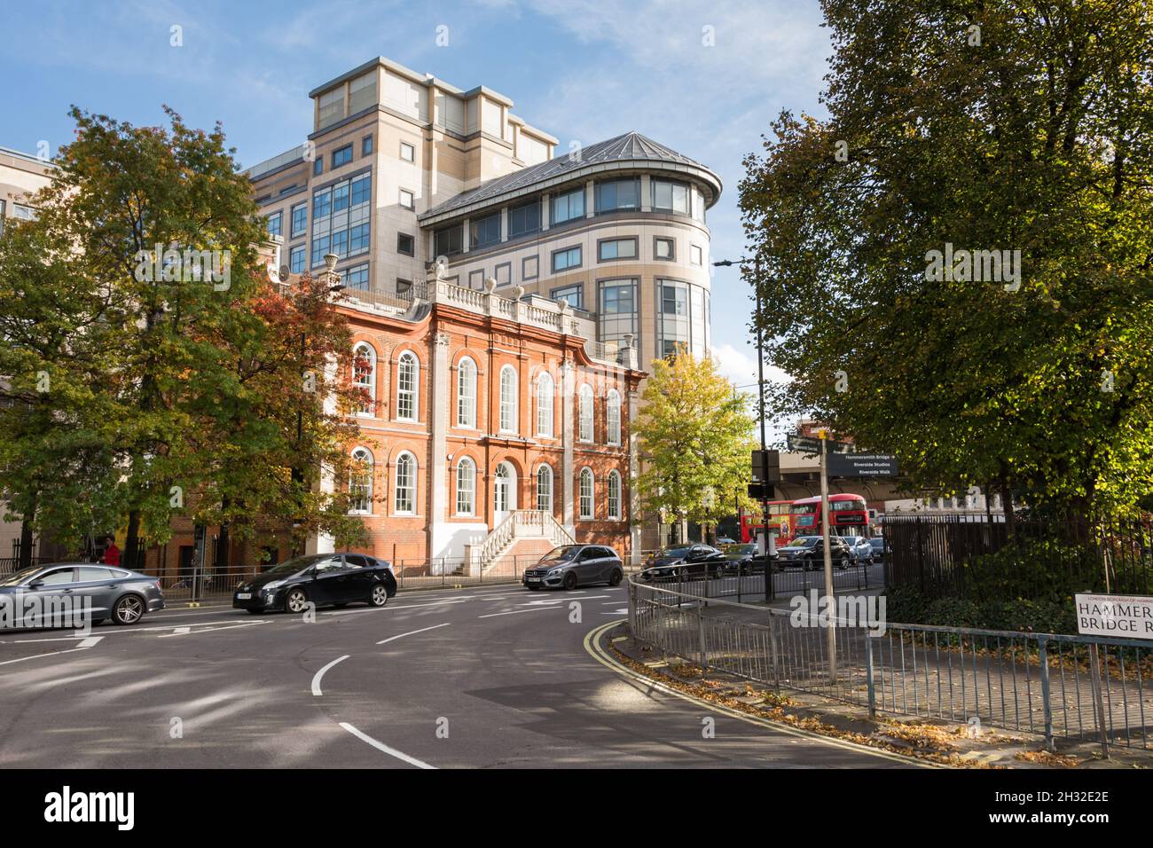 Traffic congestion in front of Bradmore House, Queen Caroline Street, Hammersmith, London, W6, England, UK Stock Photo