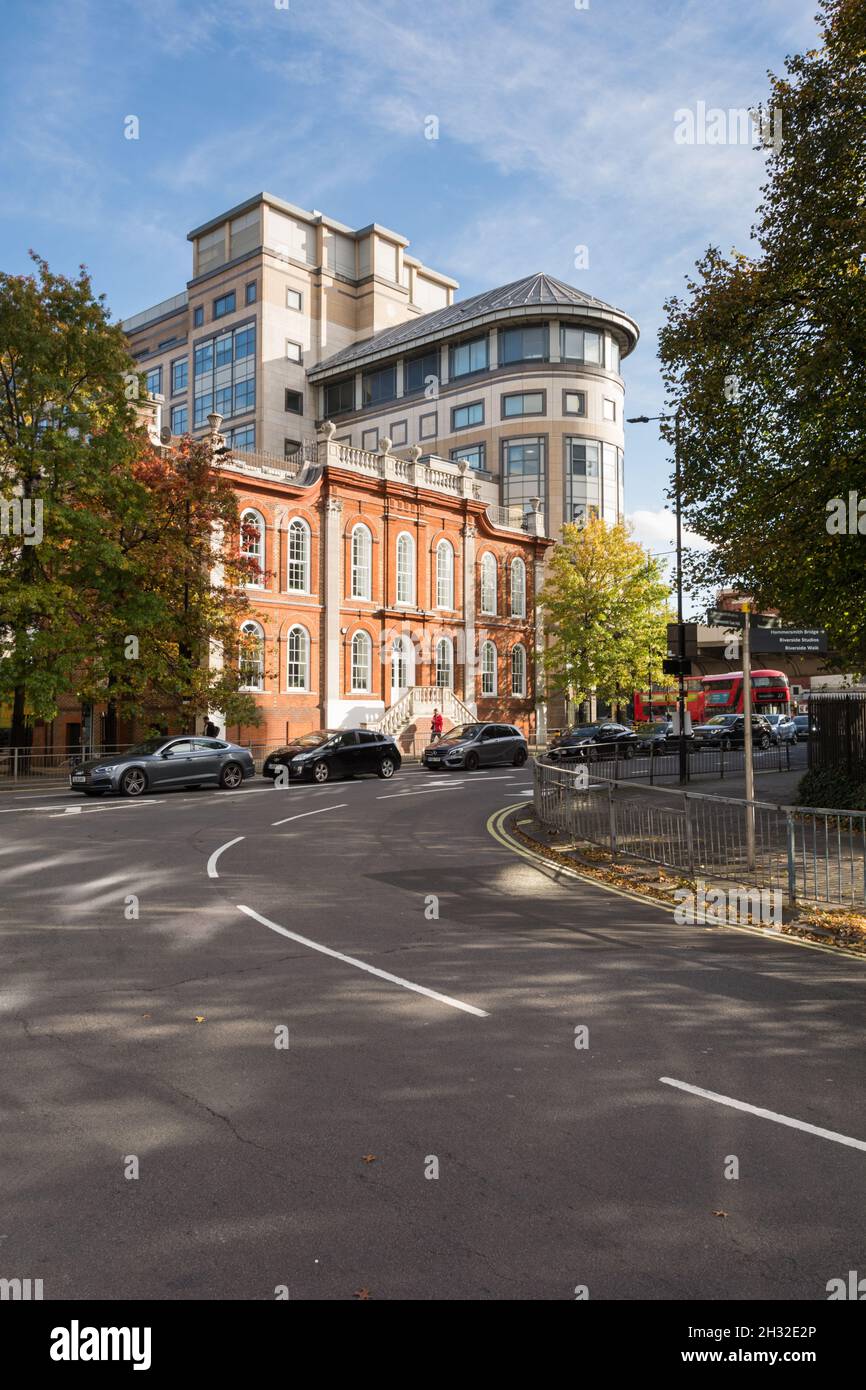 Traffic congestion in front of Bradmore House, Queen Caroline Street, Hammersmith, London, W6