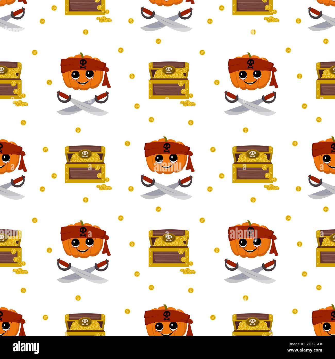 Seamless pattern with pumpkin character with emotions and face in pirate bandana, crossed sabers and with treasure chest and gold coins. Print to decorate Halloween party, birthday or holiday Stock Vector