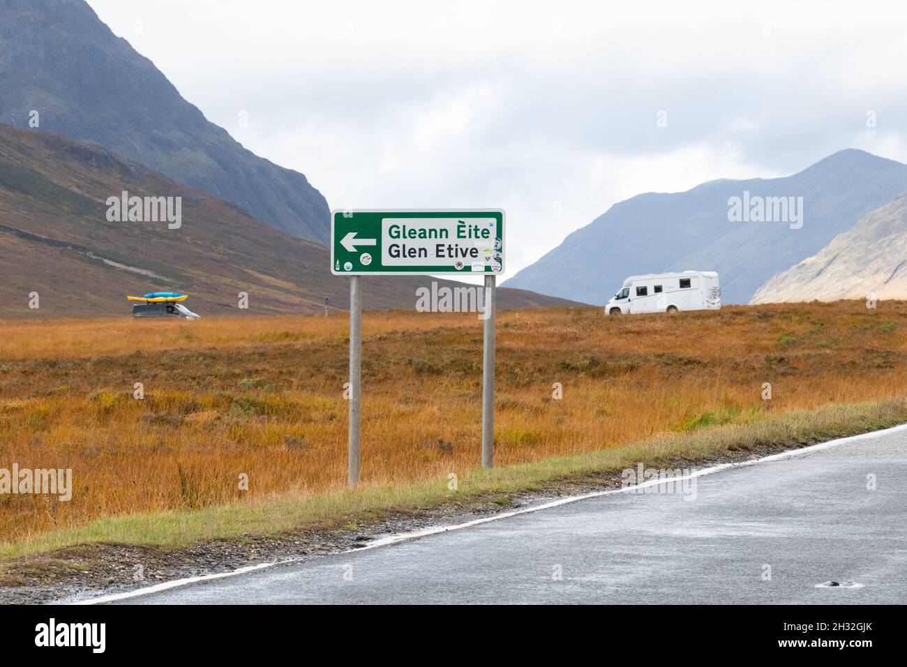 Glen Etive sign pointing off the A82 Glen Coe road, Scotland, UK Stock Photo