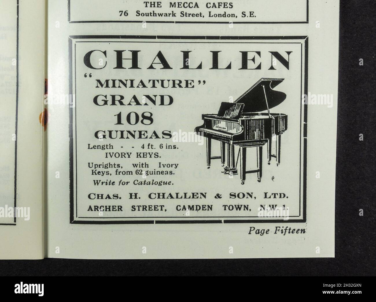 Advert for Chas. H. Challen & Son piano shop of Archer Street in the 1920s Daily Programme for the Olympia Dance Hall, Season 1927-28 (replica). Stock Photo