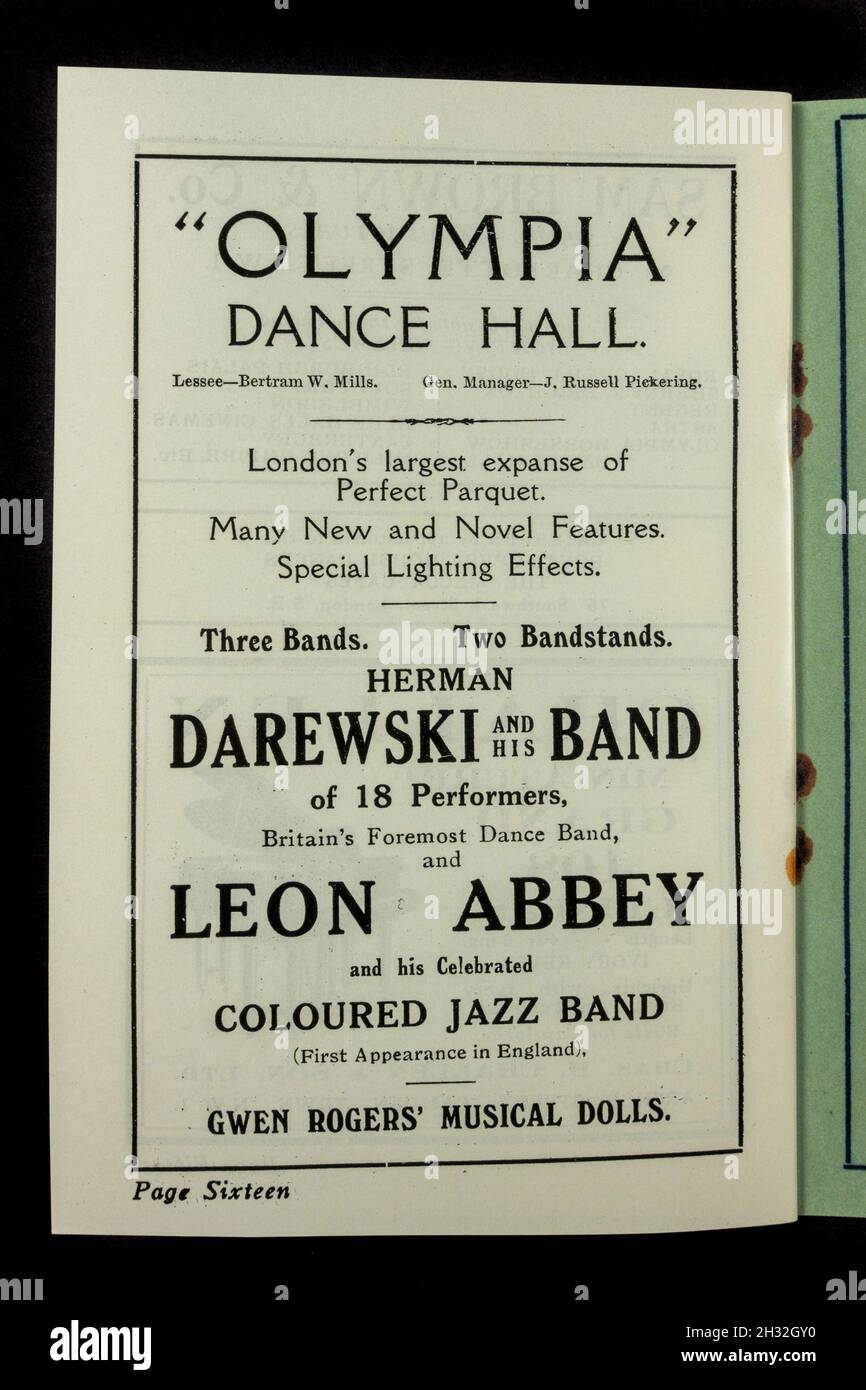 Advert for bands playing at the Olympia Dance Hall in the 1920s Daily Programme for the Olympia Dance Hall, Season 1927-28 (replica). Stock Photo