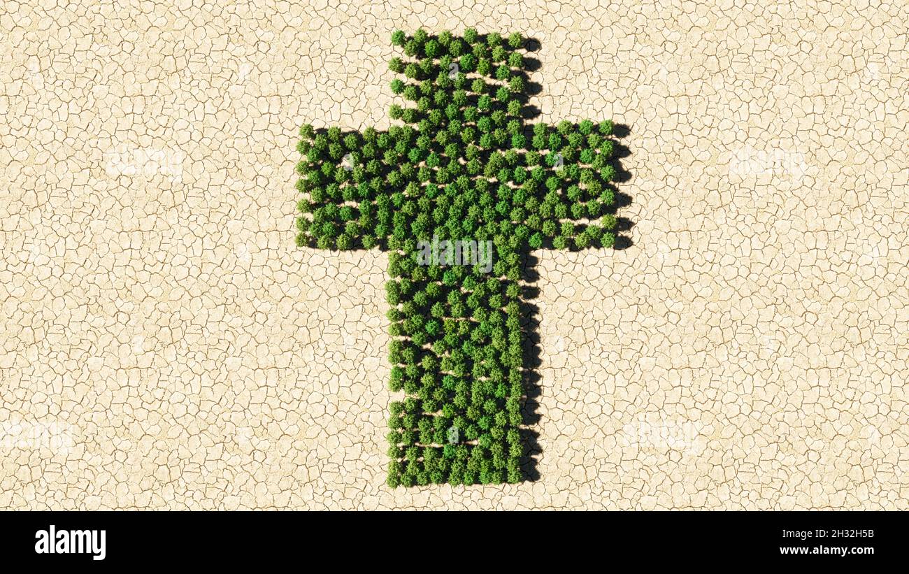 Concept or conceptual group of green forest tree on dry ground background as sign of religious christian cross. A 3d illustration metaphor for God Stock Photo