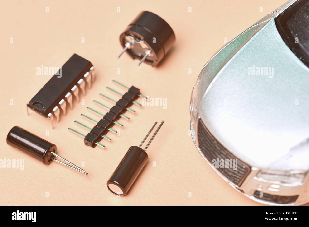 CPU chip and semiconductors with car toy. Global car chip shortage