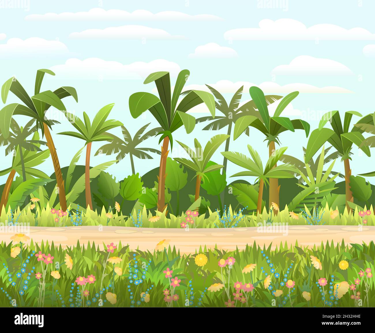 Rainforest background. Jungle trees. Cartoon fun style. Sky with clouds.  Road through the blooming meadow. Seamless landscape with palm tree vector  Stock Vector Image & Art - Alamy