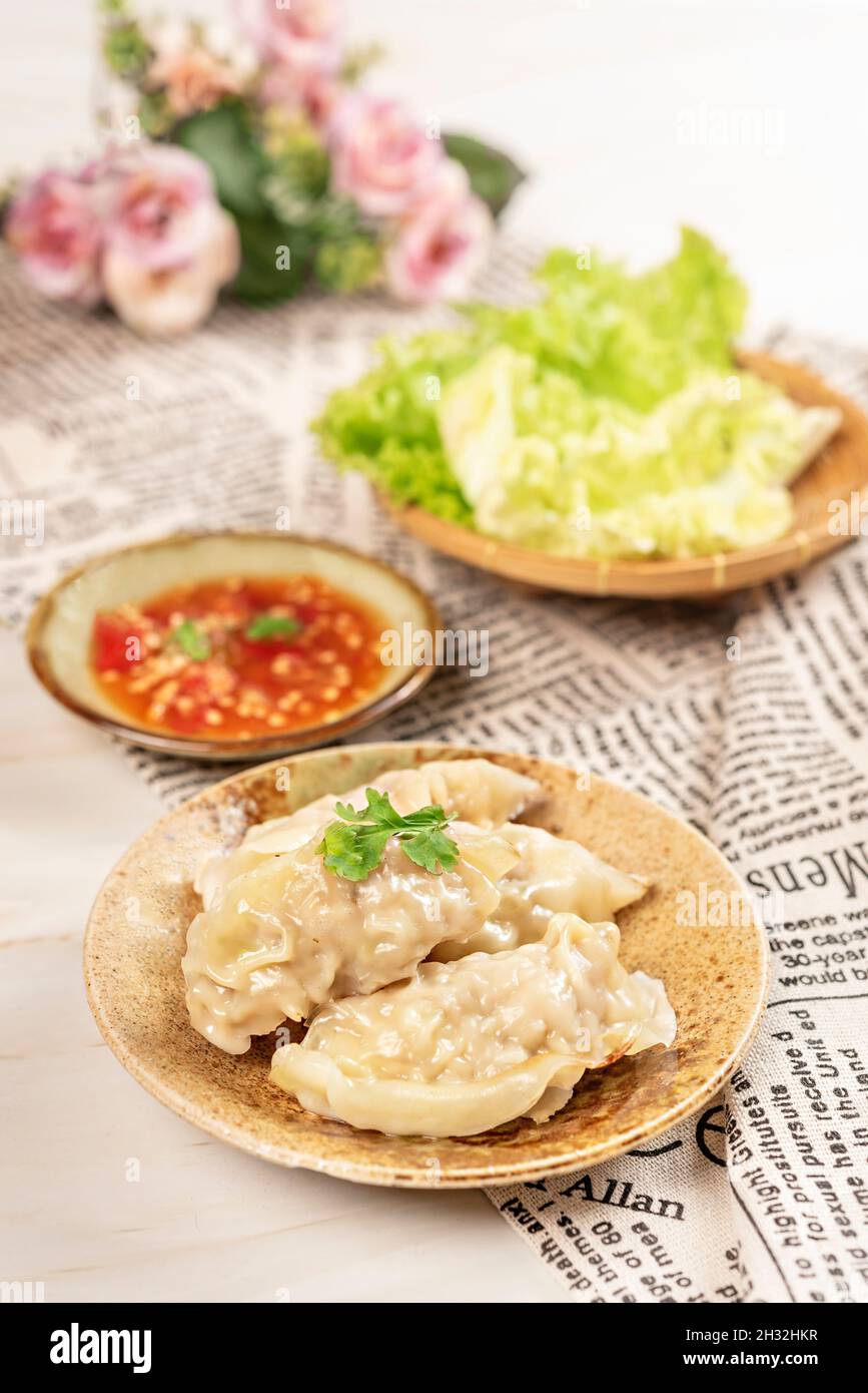close up Chinese dumplings filled with pork and spring onions Stock Photo Alamy