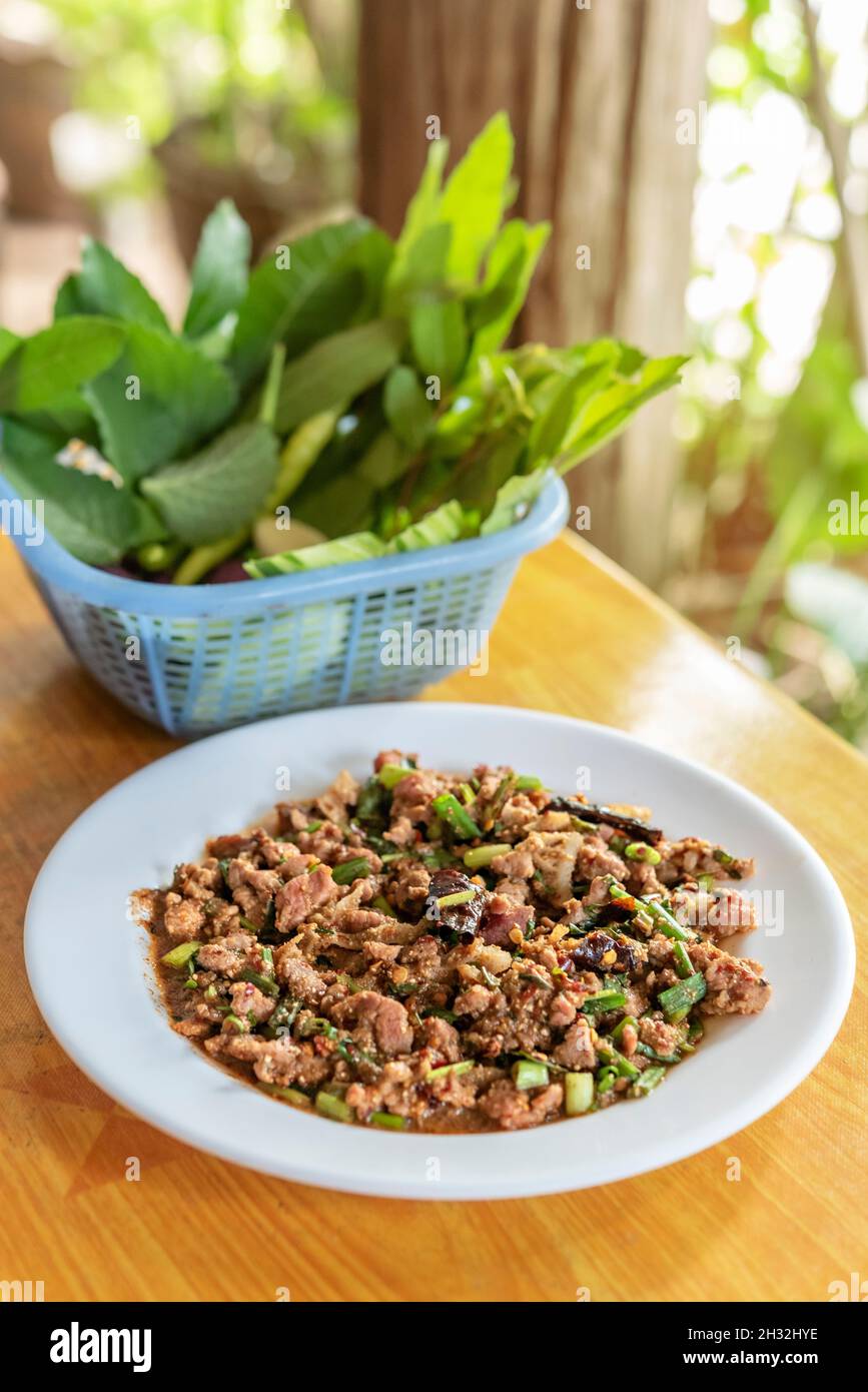 spicy minced meat with mixed vegetables on dish Stock Photo